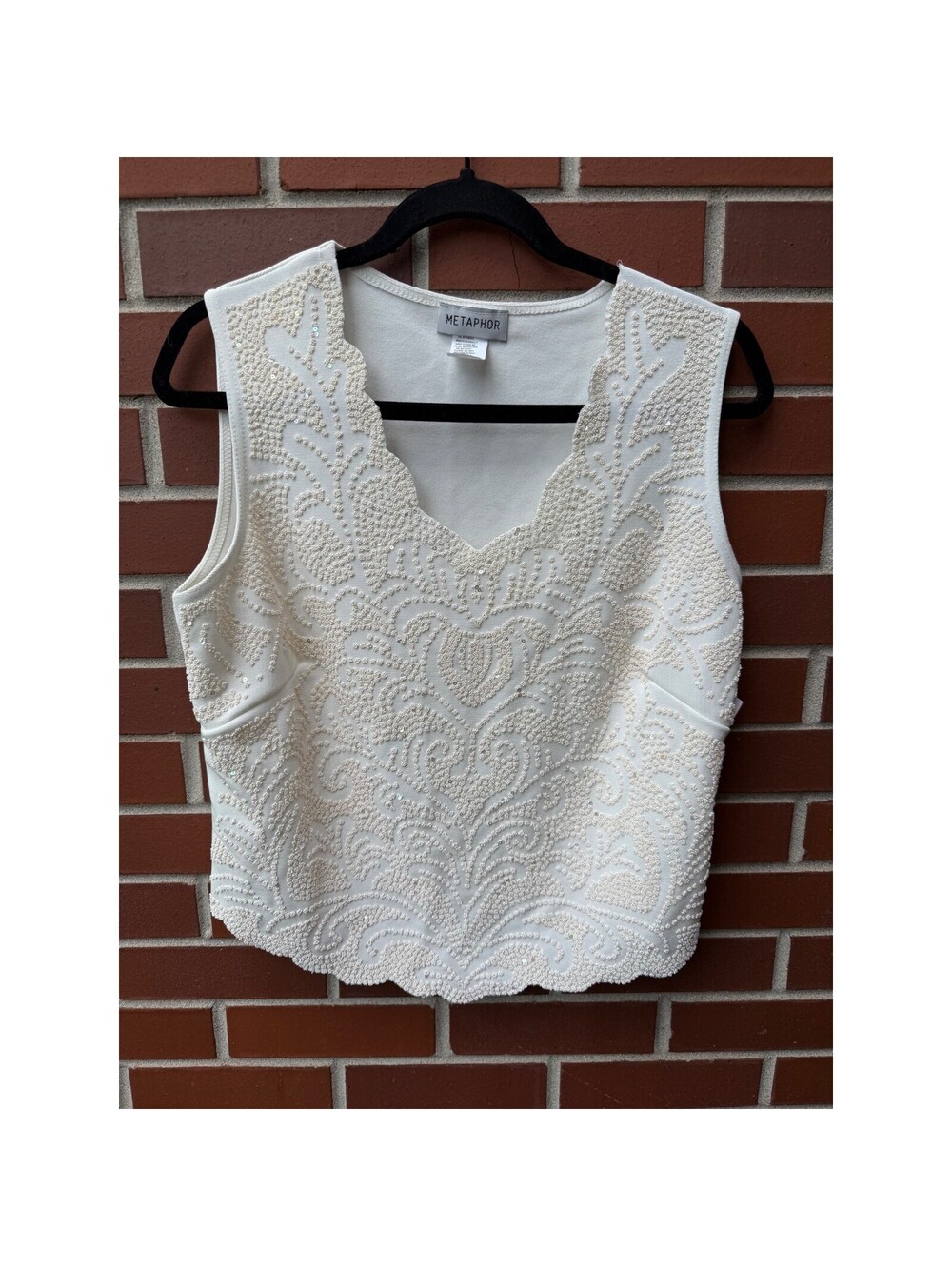 Metaphor Beaded Sleeveless Top Elegant Party Tank Ivory Embellished Large